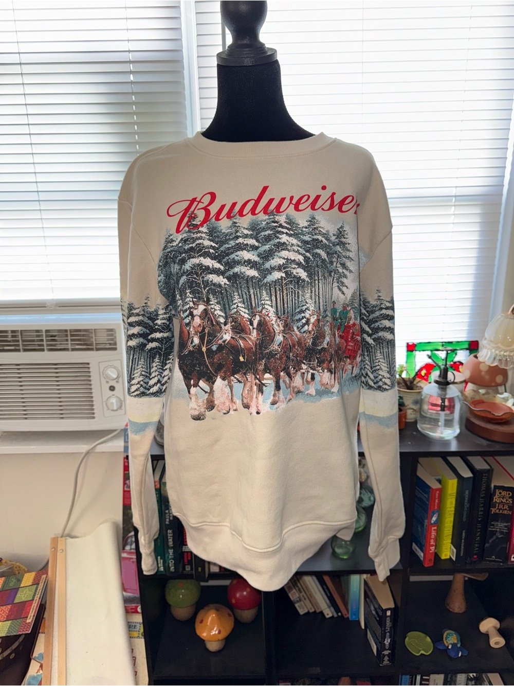 Budweiser Cream Crewneck with Black Logo Tag Print